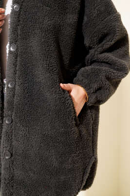 Gömlek Yaka Düğmeli Peluş Mont Füme - Mont