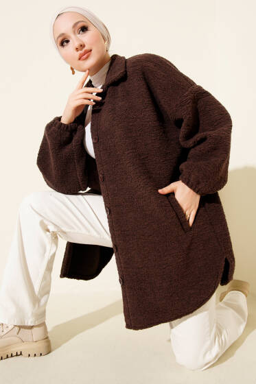 Gömlek Yaka Düğmeli Peluş Mont Kahve - Mont