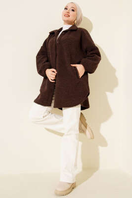 Gömlek Yaka Düğmeli Peluş Mont Kahve - Mont