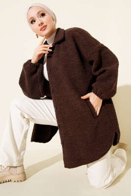 Gömlek Yaka Düğmeli Peluş Mont Kahve