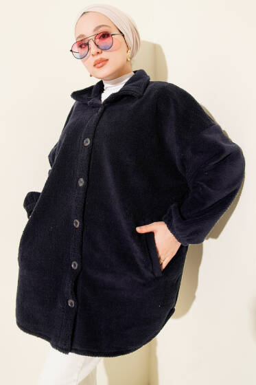 Gömlek Yaka Düğmeli Peluş Mont Lacivert - Mont