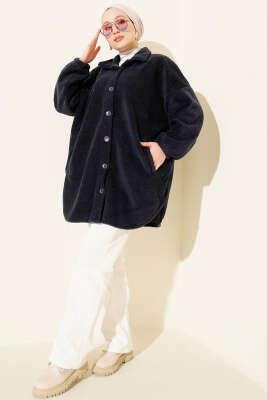 Gömlek Yaka Düğmeli Peluş Mont Lacivert - Mont