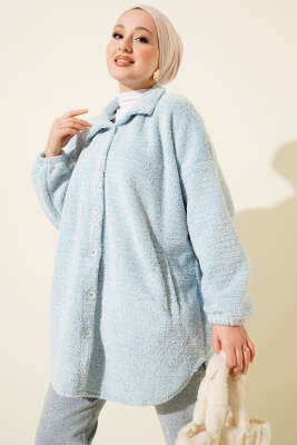 Gömlek Yaka Düğmeli Peluş Mont Mavi - MURAT GİYİM