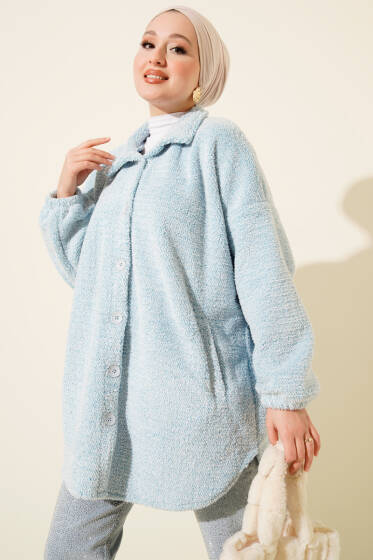 Gömlek Yaka Düğmeli Peluş Mont Mavi - Yılın Fırsatı