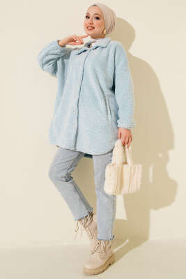 Gömlek Yaka Düğmeli Peluş Mont Mavi - Yılın Fırsatı