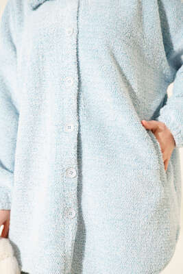 Gömlek Yaka Düğmeli Peluş Mont Mavi - Yılın Fırsatı