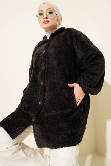 Gömlek Yaka Düğmeli Peluş Mont Nefti - Yılın Fırsatı