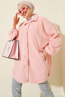 Gömlek Yaka Düğmeli Peluş Mont Pembe - MURAT GİYİM