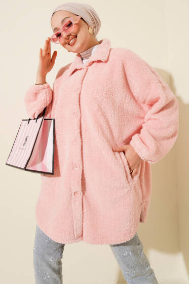 Gömlek Yaka Düğmeli Peluş Mont Pembe - Yılın Fırsatı