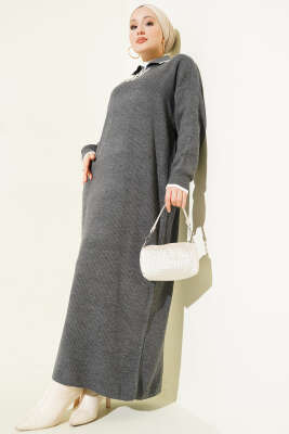 Gömlek Yaka Düğmeli Triko Elbise Antrasit - KILIÇ TRİKO