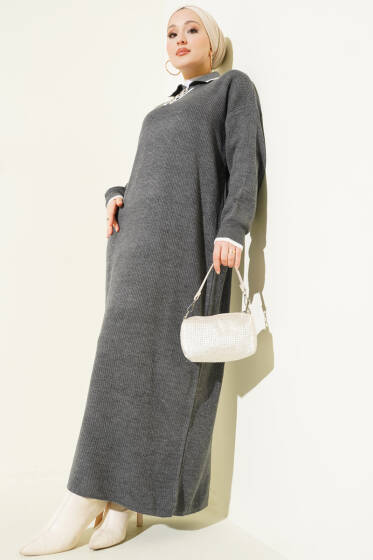 Gömlek Yaka Düğmeli Triko Elbise Antrasit - Elbise