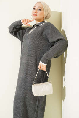 Gömlek Yaka Düğmeli Triko Elbise Antrasit - Elbise