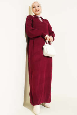 Gömlek Yaka Düğmeli Triko Elbise Bordo - Elbise