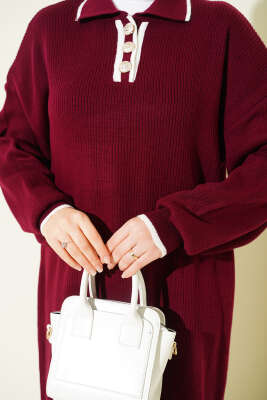 Gömlek Yaka Düğmeli Triko Elbise Bordo - Elbise