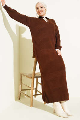 Gömlek Yaka Düğmeli Triko Elbise Kahve - KILIÇ TRİKO