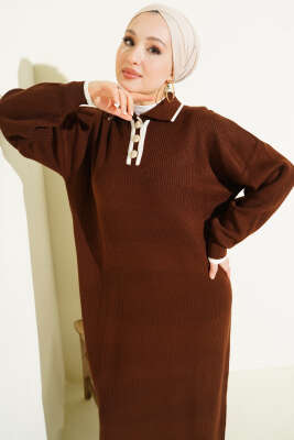Gömlek Yaka Düğmeli Triko Elbise Kahve - Elbise