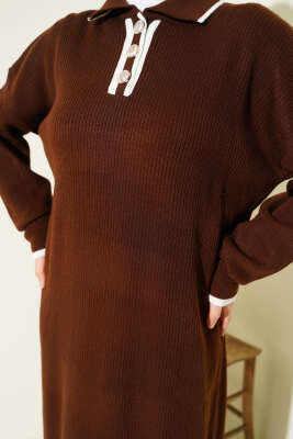 Gömlek Yaka Düğmeli Triko Elbise Kahve - Elbise