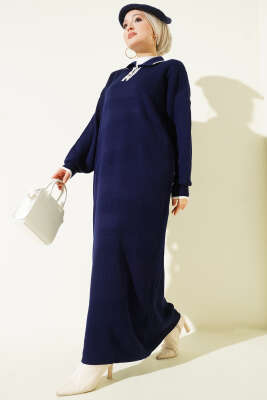 Gömlek Yaka Düğmeli Triko Elbise Lacivert - KILIÇ TRİKO