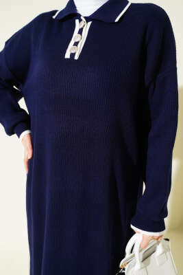 Gömlek Yaka Düğmeli Triko Elbise Lacivert - Elbise