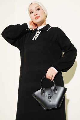 Gömlek Yaka Düğmeli Triko Elbise Siyah - Elbise