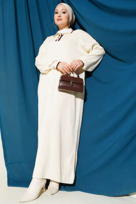 Gömlek Yaka Düğmeli Triko Elbise Taş - KILIÇ TRİKO