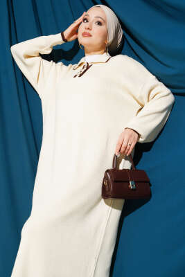 Gömlek Yaka Düğmeli Triko Elbise Taş - Elbise