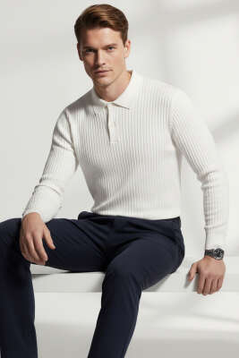 Gömlek Yaka Düğmeli Triko Erkek Kazak Beyaz - Erkek Kazak