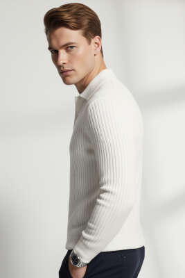 Gömlek Yaka Düğmeli Triko Erkek Kazak Beyaz - Erkek Kazak