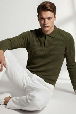 Gömlek Yaka Düğmeli Triko Erkek Kazak Haki 