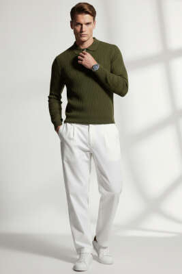 Gömlek Yaka Düğmeli Triko Erkek Kazak Haki - Erkek Kazak