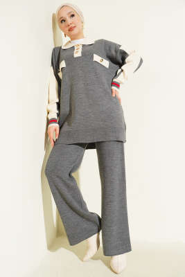 Gömlek Yaka Düğmeli Triko İkili Takım Antrasit - SUDE NAZ