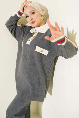 Gömlek Yaka Düğmeli Triko İkili Takım Antrasit - İkili Takım