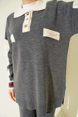 Gömlek Yaka Düğmeli Triko İkili Takım Antrasit - İkili Takım