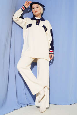 Gömlek Yaka Düğmeli Triko İkili Takım Bej - SUDE NAZ