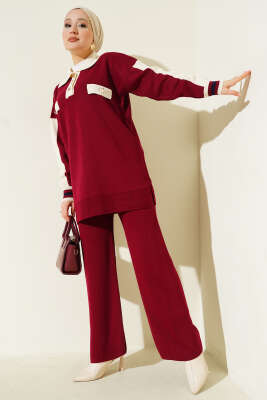 Gömlek Yaka Düğmeli Triko İkili Takım Bordo - SUDE NAZ