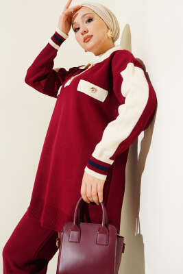 Gömlek Yaka Düğmeli Triko İkili Takım Bordo - İkili Takım