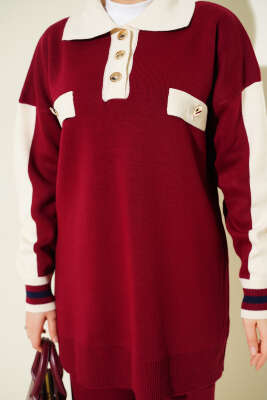 Gömlek Yaka Düğmeli Triko İkili Takım Bordo - İkili Takım