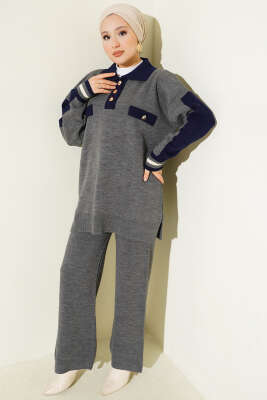 Gömlek Yaka Düğmeli Triko İkili Takım Füme - SUDE NAZ