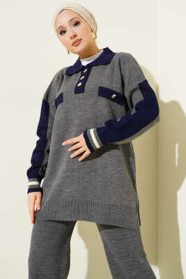 Gömlek Yaka Düğmeli Triko İkili Takım Füme - İkili Takım