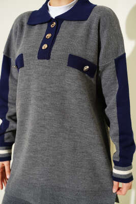 Gömlek Yaka Düğmeli Triko İkili Takım Füme - İkili Takım