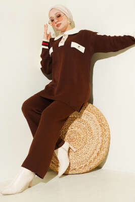 Gömlek Yaka Düğmeli Triko İkili Takım Kahve - SUDE NAZ