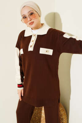 Gömlek Yaka Düğmeli Triko İkili Takım Kahve - İkili Takım