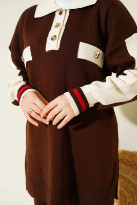 Gömlek Yaka Düğmeli Triko İkili Takım Kahve - İkili Takım