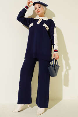 Gömlek Yaka Düğmeli Triko İkili Takım Lacivert - SUDE NAZ