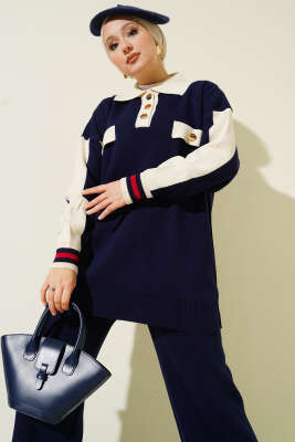 Gömlek Yaka Düğmeli Triko İkili Takım Lacivert - İkili Takım