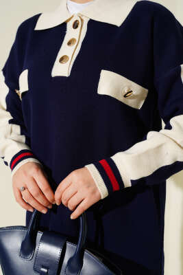 Gömlek Yaka Düğmeli Triko İkili Takım Lacivert - İkili Takım