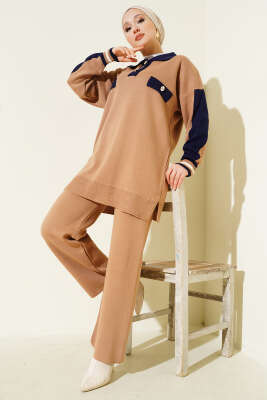 Gömlek Yaka Düğmeli Triko İkili Takım Latte - SUDE NAZ