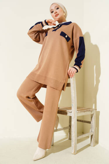 Gömlek Yaka Düğmeli Triko İkili Takım Latte - İkili Takım
