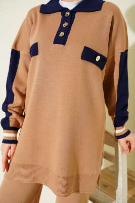 Gömlek Yaka Düğmeli Triko İkili Takım Latte - İkili Takım