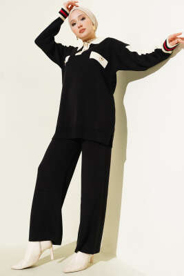 Gömlek Yaka Düğmeli Triko İkili Takım Siyah - SUDE NAZ